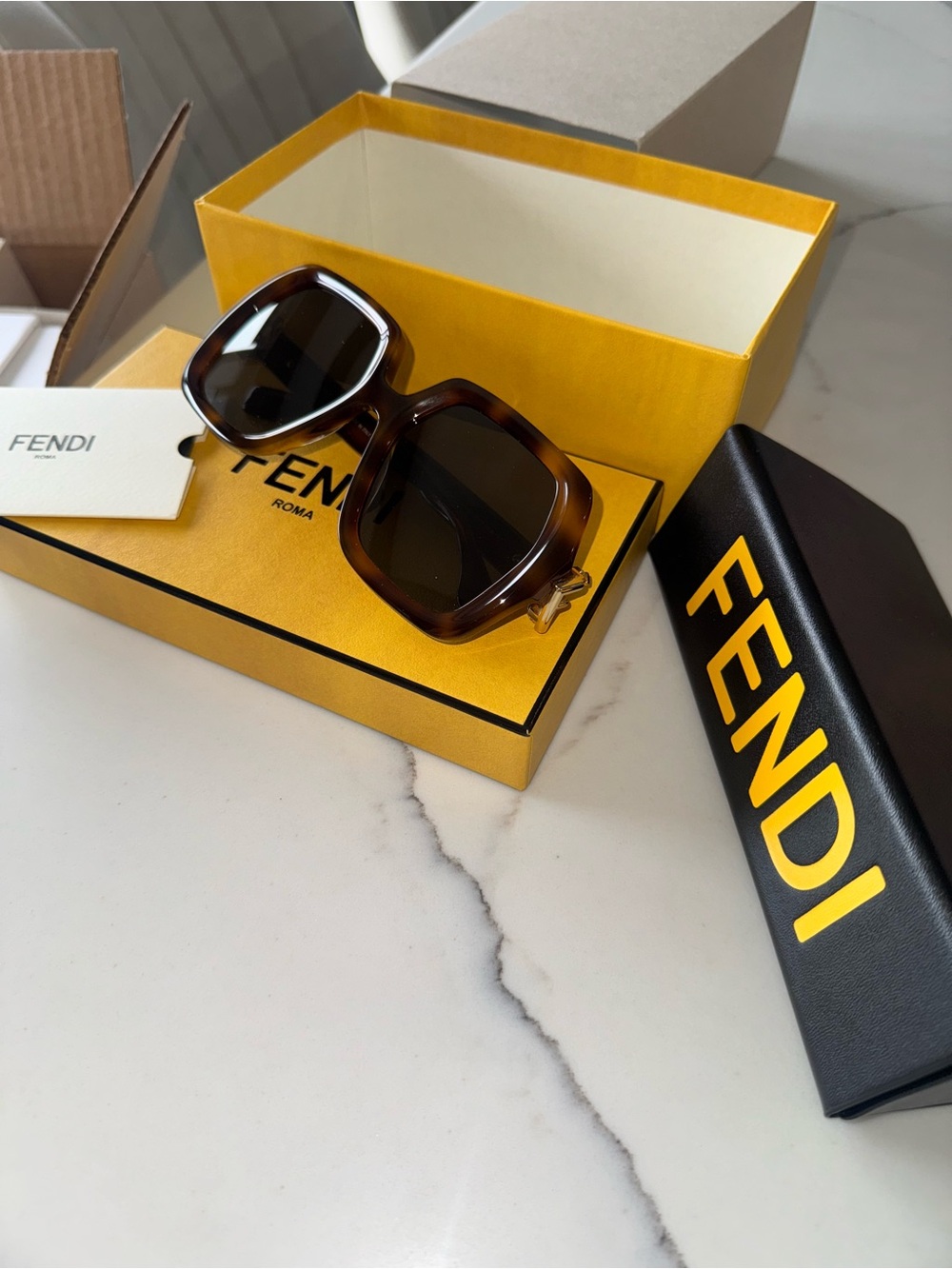 Fendi Tortoiseshell Oversized Square Sunglasses with Dark Brown Lenses